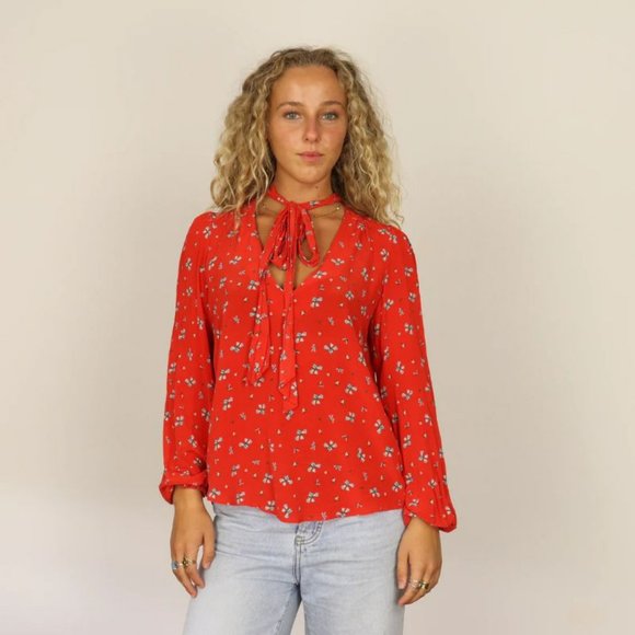 Rixo London Blouse Womens Small Silk Moss Red Floral Print Tie V Neck Top - Picture 1 of 13
